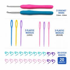 Crochet accessories kit featuring 2 ergonomic crochet hooks, 6 colorful plastic yarn needles, and 20 stitch markers for knitting and crochet projects.