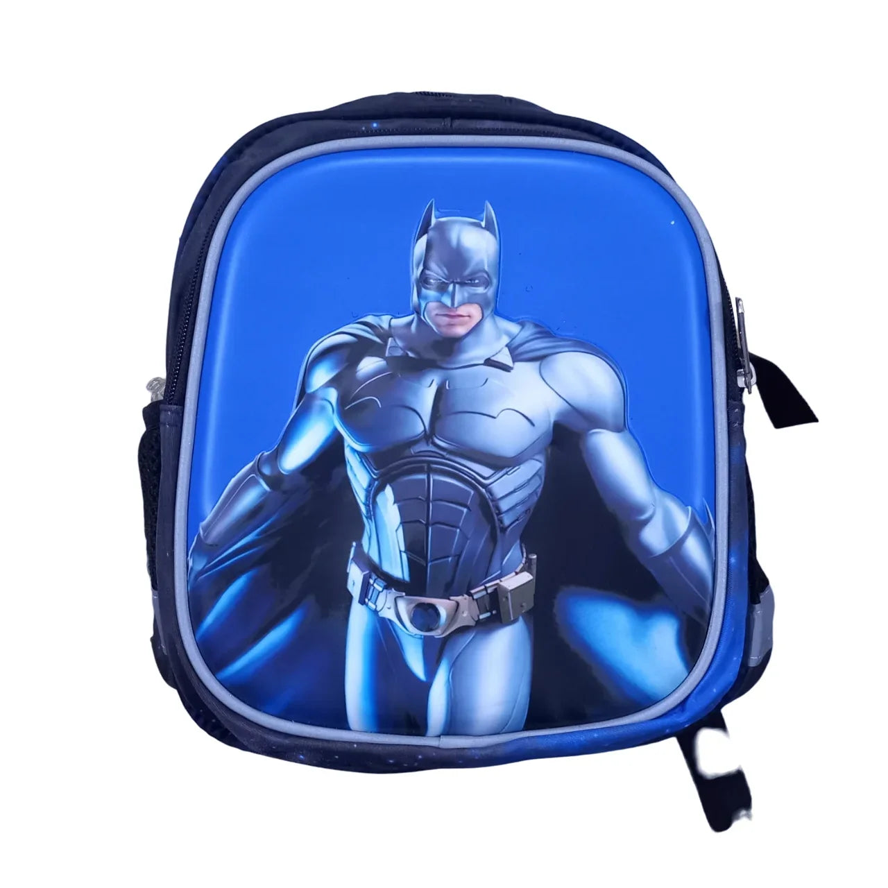 Cute Batman character school bag for kids with adjustable shoulder straps, ideal for playgroup, preschool, kindergarten, school, and picnic use on a white background.