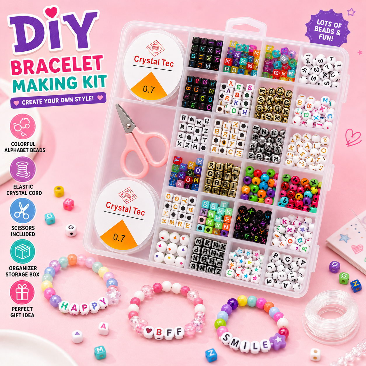 DIY bracelet and jewellery making kit with alphabet beads, colorful letter beads, elastic crystal cord, mini scissors, and organizer storage box for kids and teens.