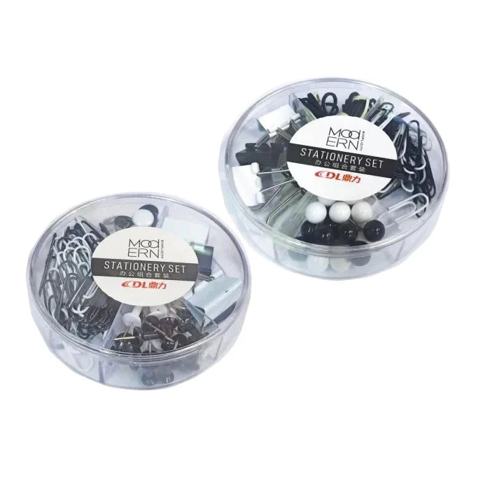 DL multi-color stationery set with paper clips, binder clips, push pins, and plastic clips for office and school organization