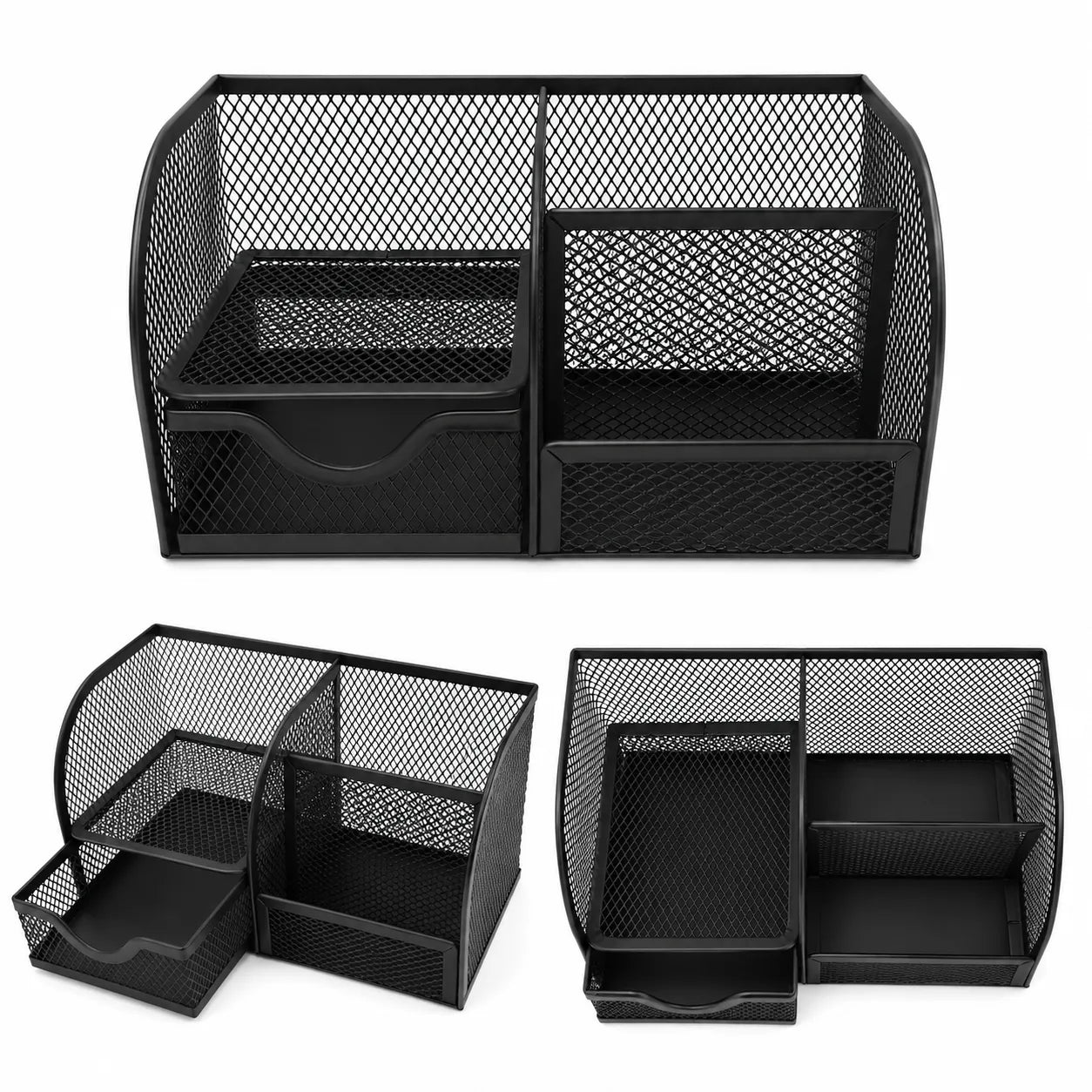Black mesh metal desk organizer with 4 compartments and sliding drawer for storing pens, pencils, stationery, office supplies, and desk accessories on a white background.