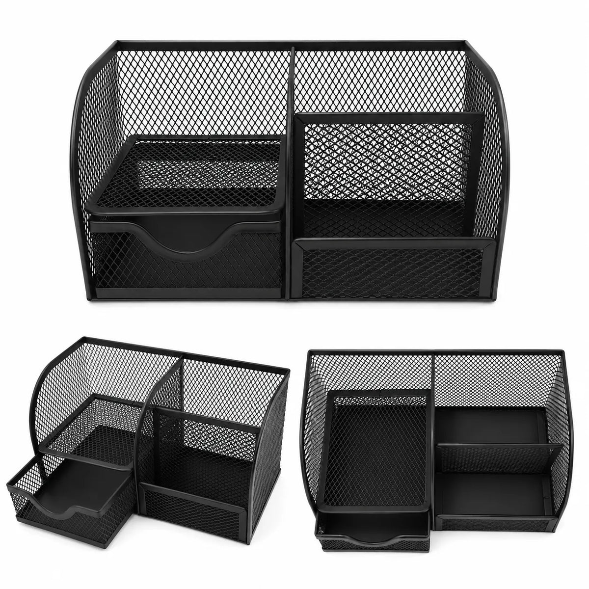 Black mesh metal desk organizer with 4 compartments and sliding drawer for storing pens, pencils, stationery, office supplies, and desk accessories on a white background.
