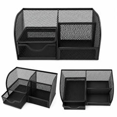 Black mesh metal desk organizer with 4 compartments and sliding drawer for storing pens, pencils, stationery, office supplies, and desk accessories on a white background.