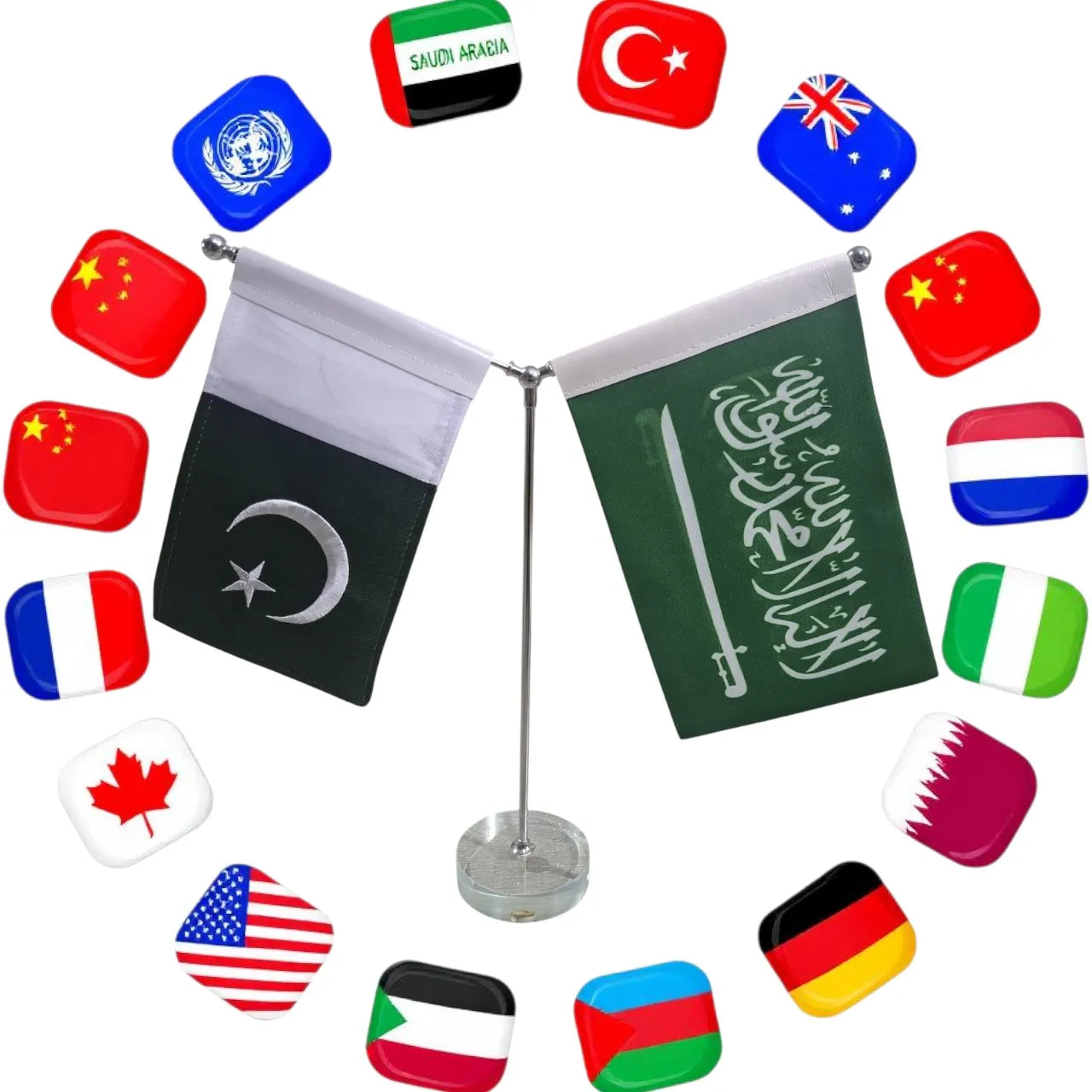 Double table flag stand with transparent base desk flag holder for office and conference display