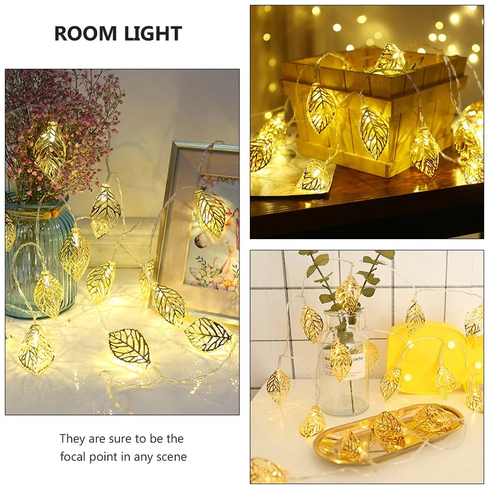 Electric operated golden leaf LED metal string lights for Ramadan festival and home decoration