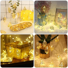 Electric operated golden leaf LED metal string lights for Ramadan festival and home decoration