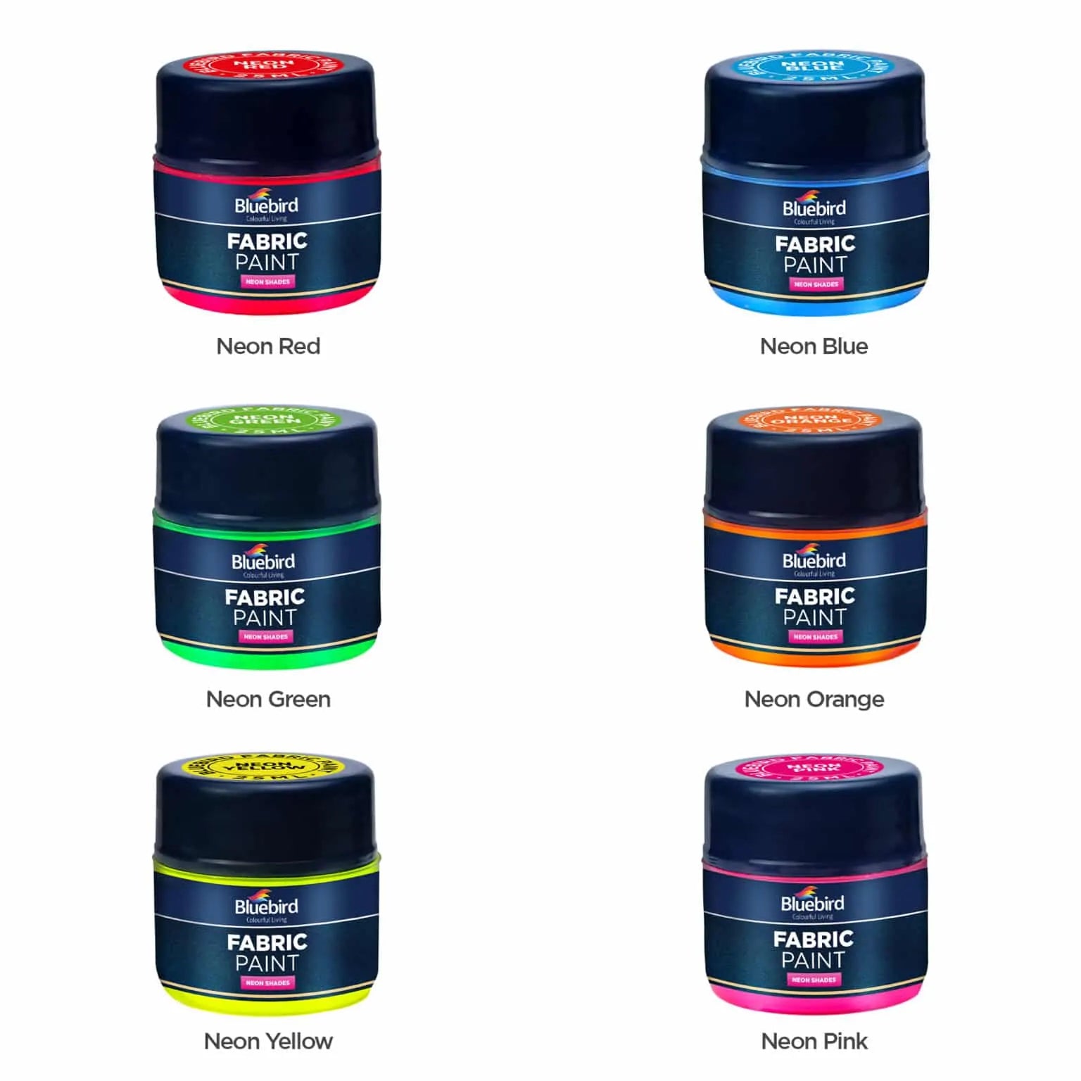 Bluebird fabric paints 25ml x 6 neon shades permanent textile paints for clothes and DIY projects