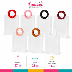Transparent frosted gift carry bag with durable round handles for shopping, gift packaging, retail stores, boutiques, and party favors on a white background.