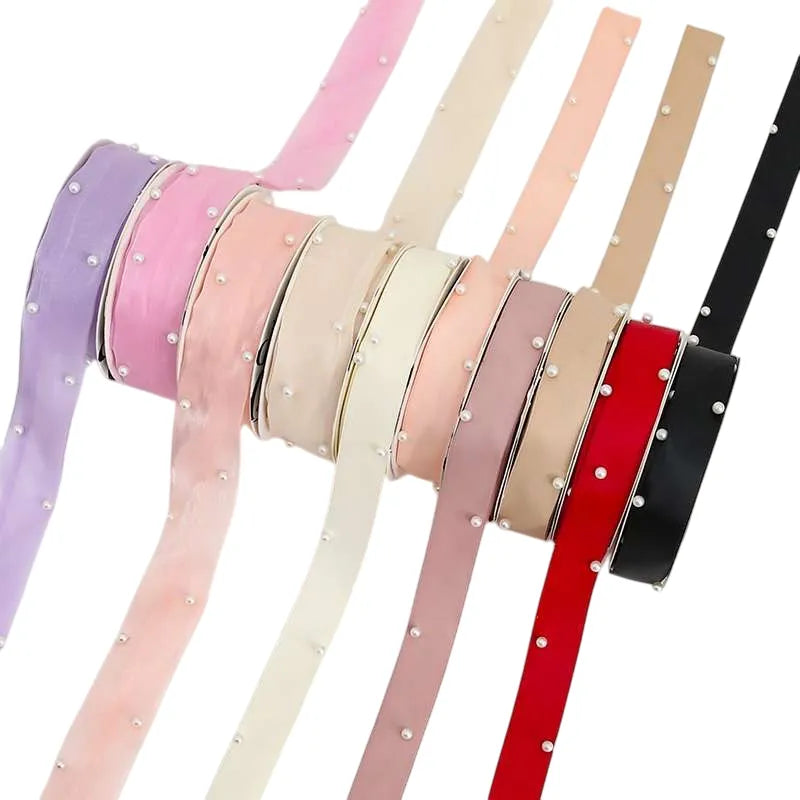 Fabric gift wrapping ribbon with pearl 1 inch x 5 yard for gifts wedding and DIY decoration
