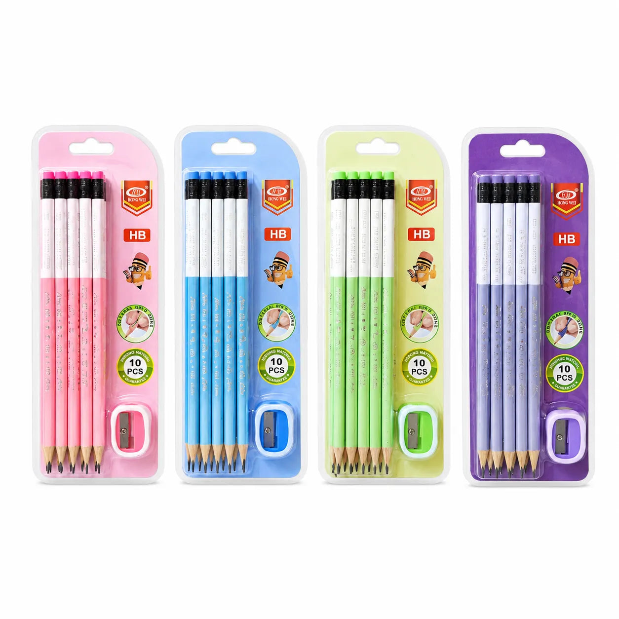 10-piece HB pencil set with extra grip and pencil sharpener in assorted pastel colors for writing, drawing, sketching, school, and office use on a white background.