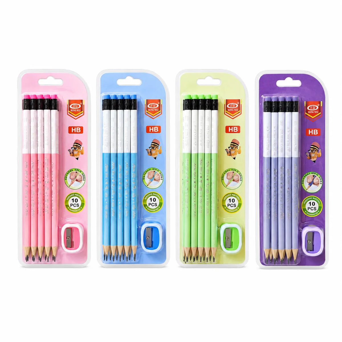 10-piece HB pencil set with extra grip and pencil sharpener in assorted pastel colors for writing, drawing, sketching, school, and office use on a white background.