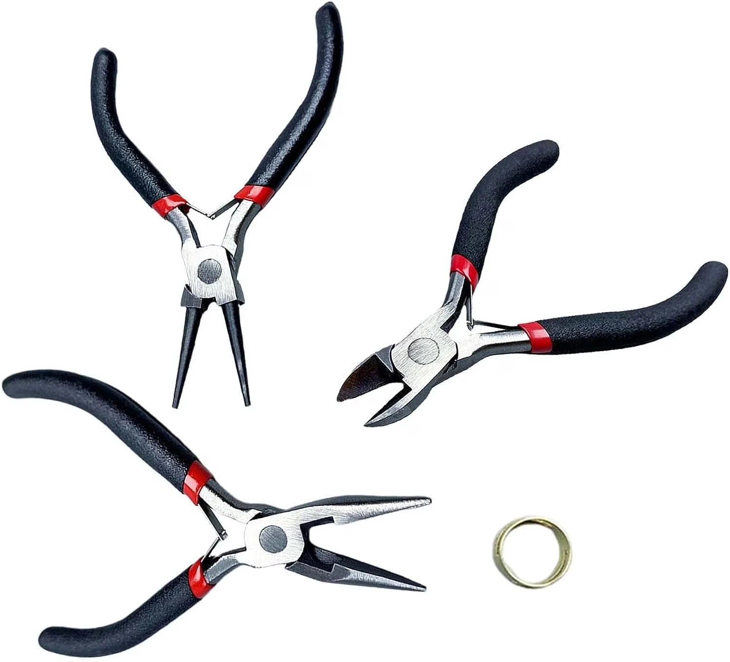 3pcs jewelry making pliers set with long nose, round nose, and side cutter pliers for beading, crafting, and jewelry repair.