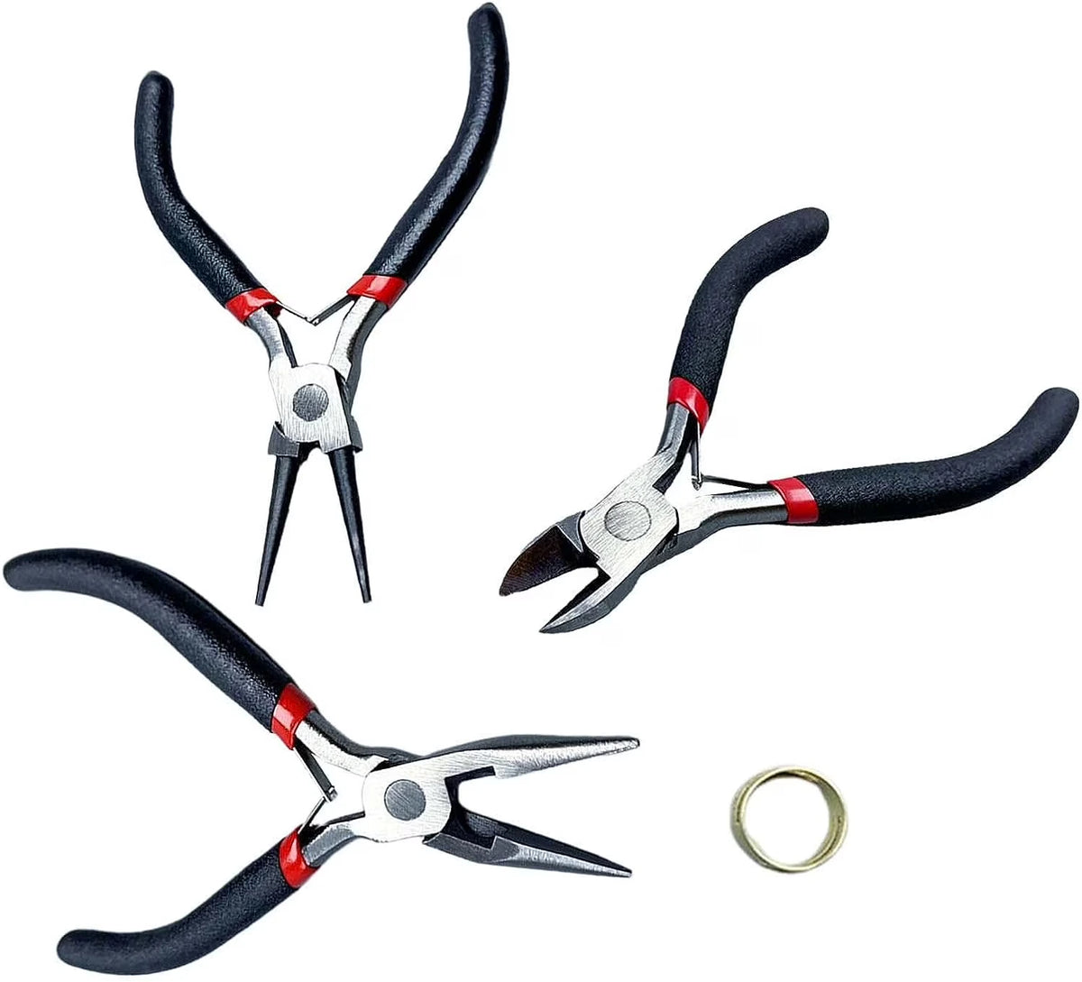 3pcs jewelry making pliers set with long nose, round nose, and side cutter pliers for beading, crafting, and jewelry repair.