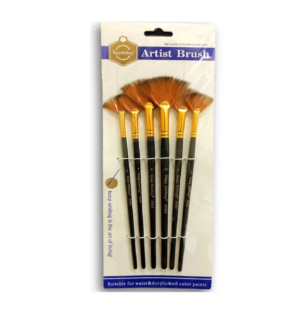Keep Smiling fan paint brush set, 6-piece artist brushes for blending, texture, and creative painting effects