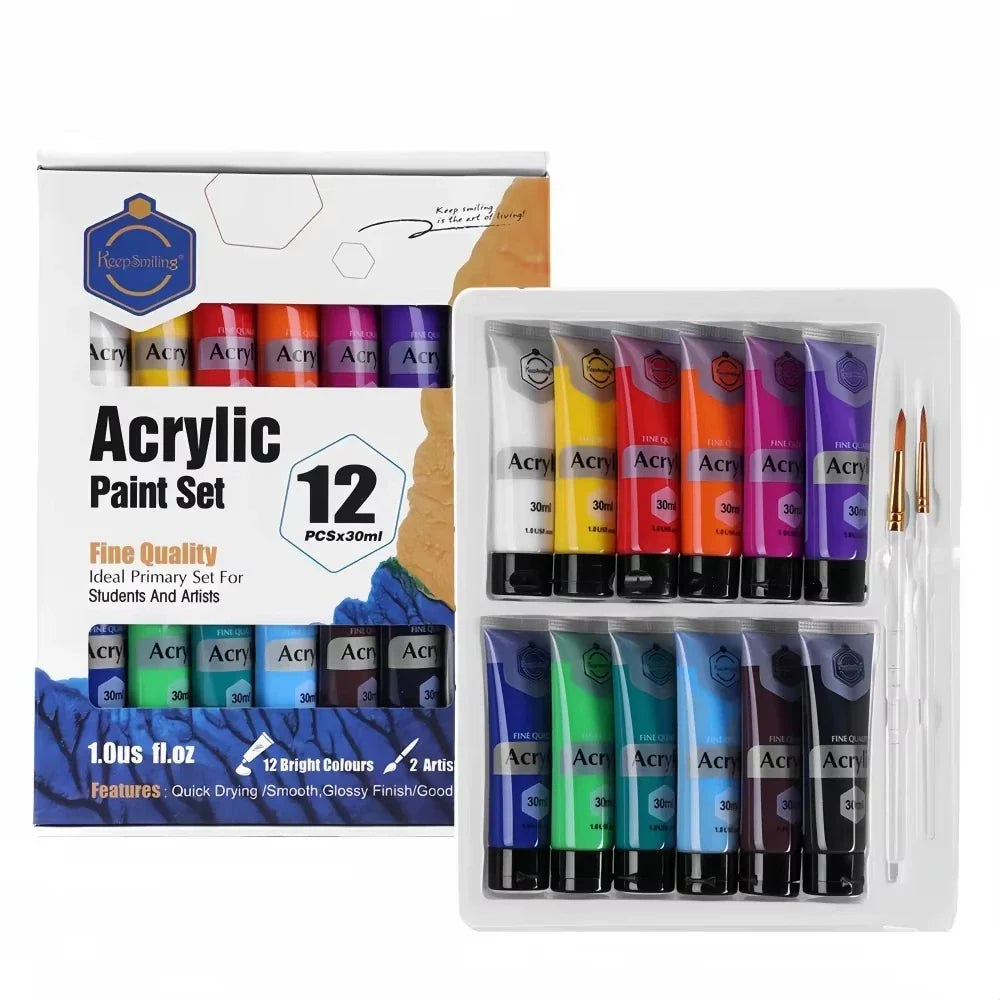 Keep Smiling acrylic paint set, 12 tubes of 30ml, vibrant colors for painting, crafts, and artistic use