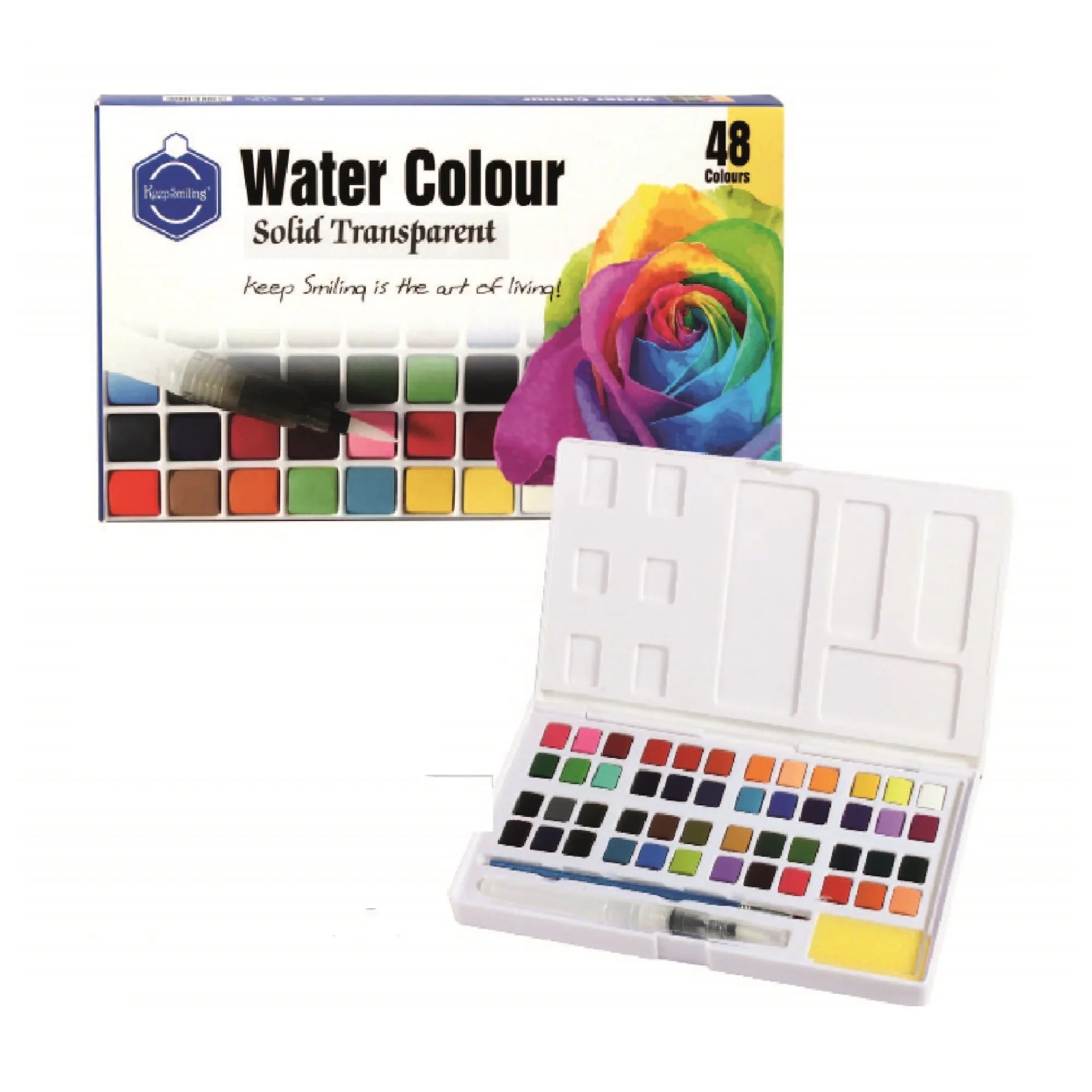 Keep Smiling Aquarelle solid transparent watercolor set pack of 48 with water brush, palette, and sponge