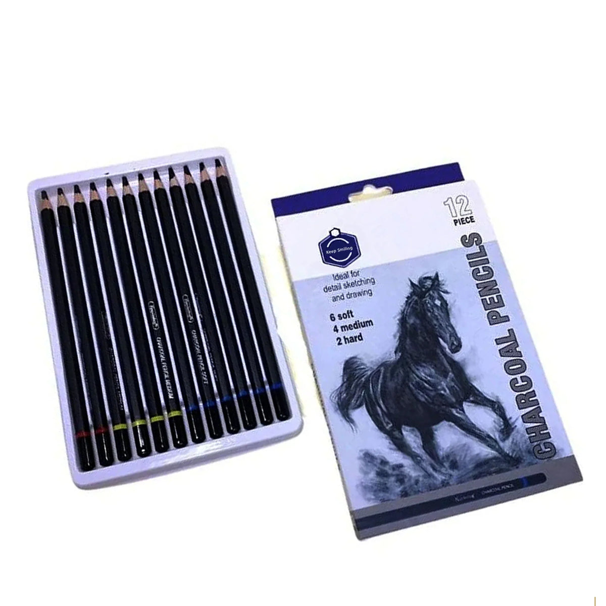 Keep Smiling charcoal pencil set of 12 for sketching, shading, and drawing