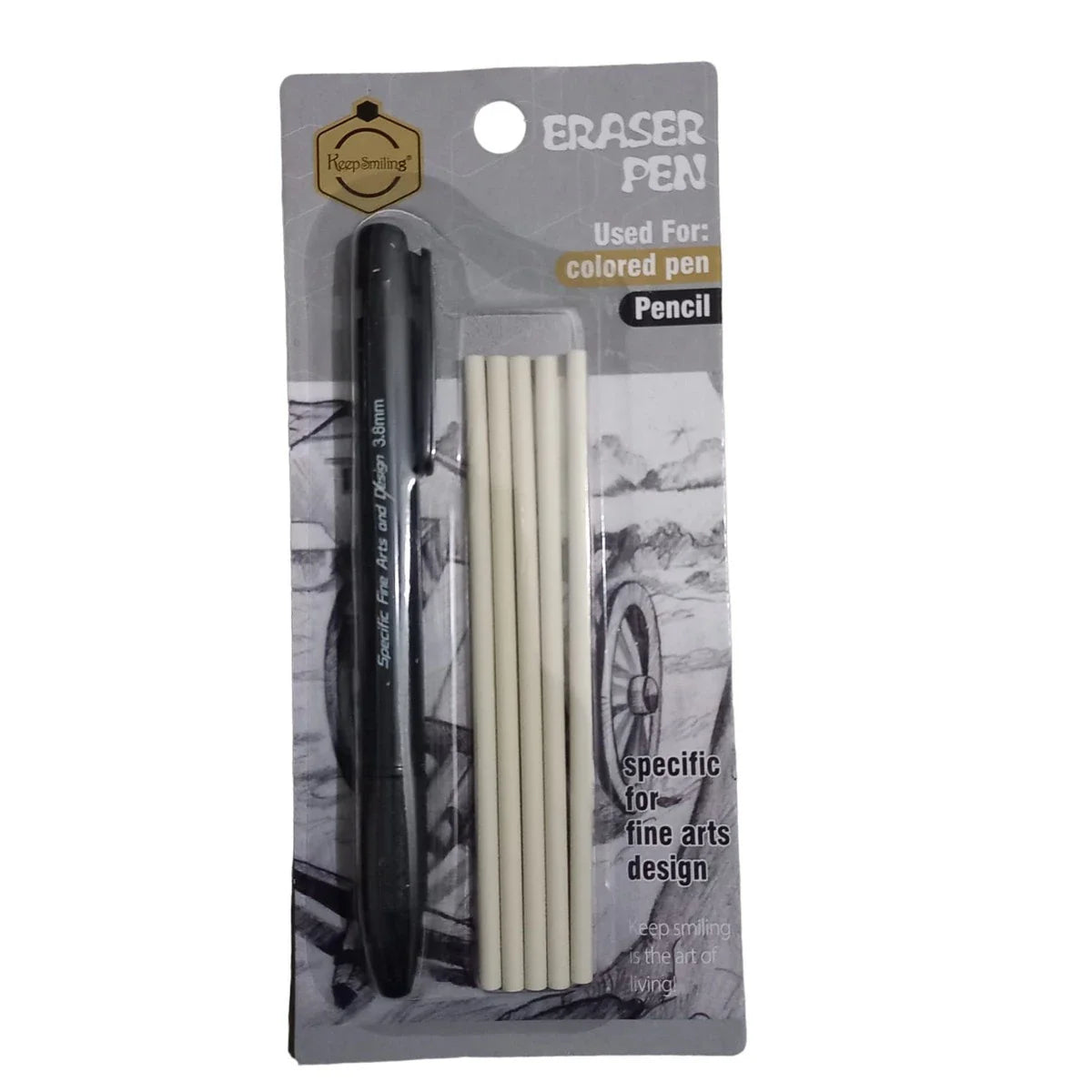 Keep Smiling eraser pen with 5 refill erasers, pen-type design for precise sketching and fine pencil corrections