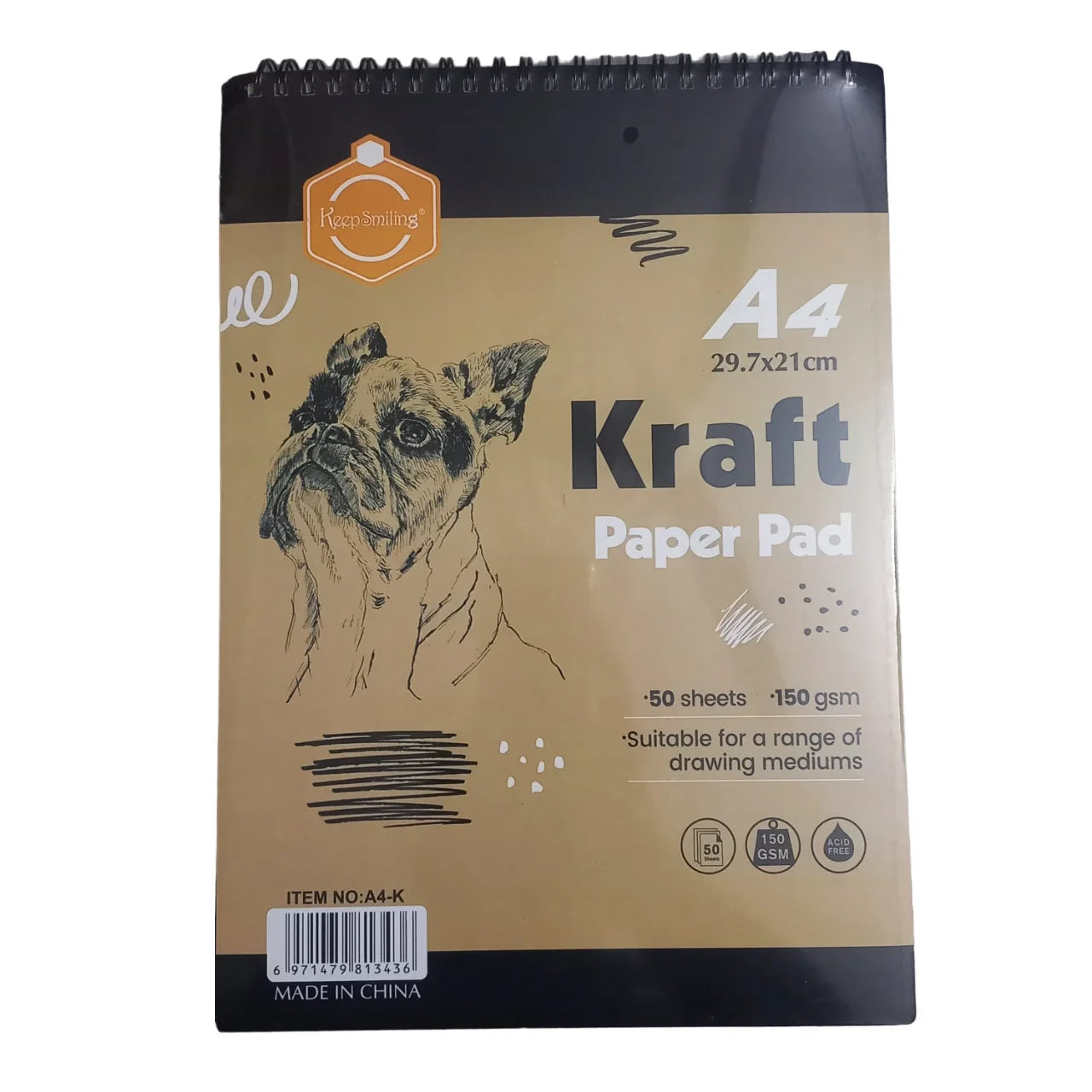 Keep Smiling Kraft paper pad sketchbook, A4 size, 50 sheets, ideal for sketching, drawing, and crafts