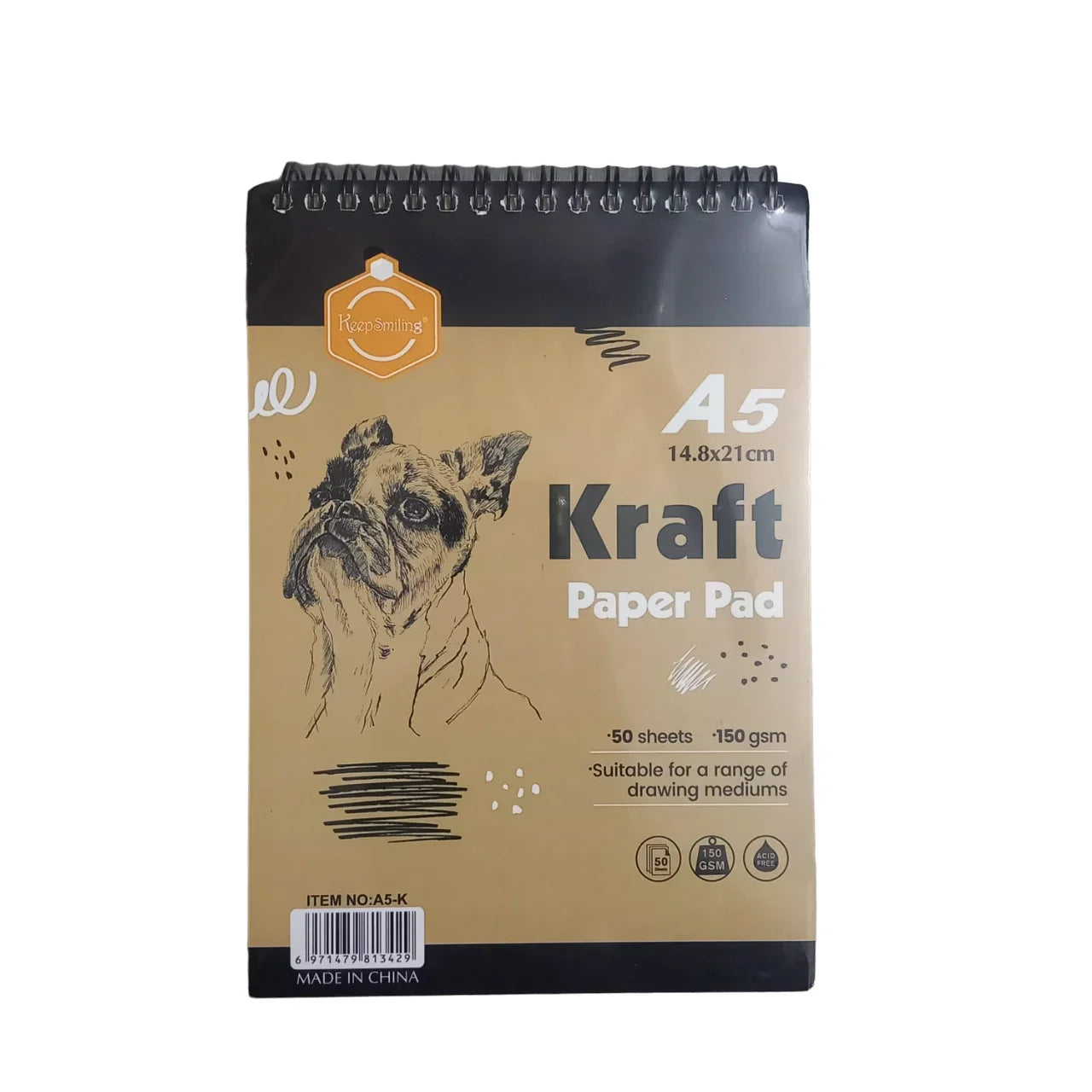 Keep Smiling Kraft paper pad sketchbook, A5 size, 50 sheets, perfect for sketching, drawing, and crafts