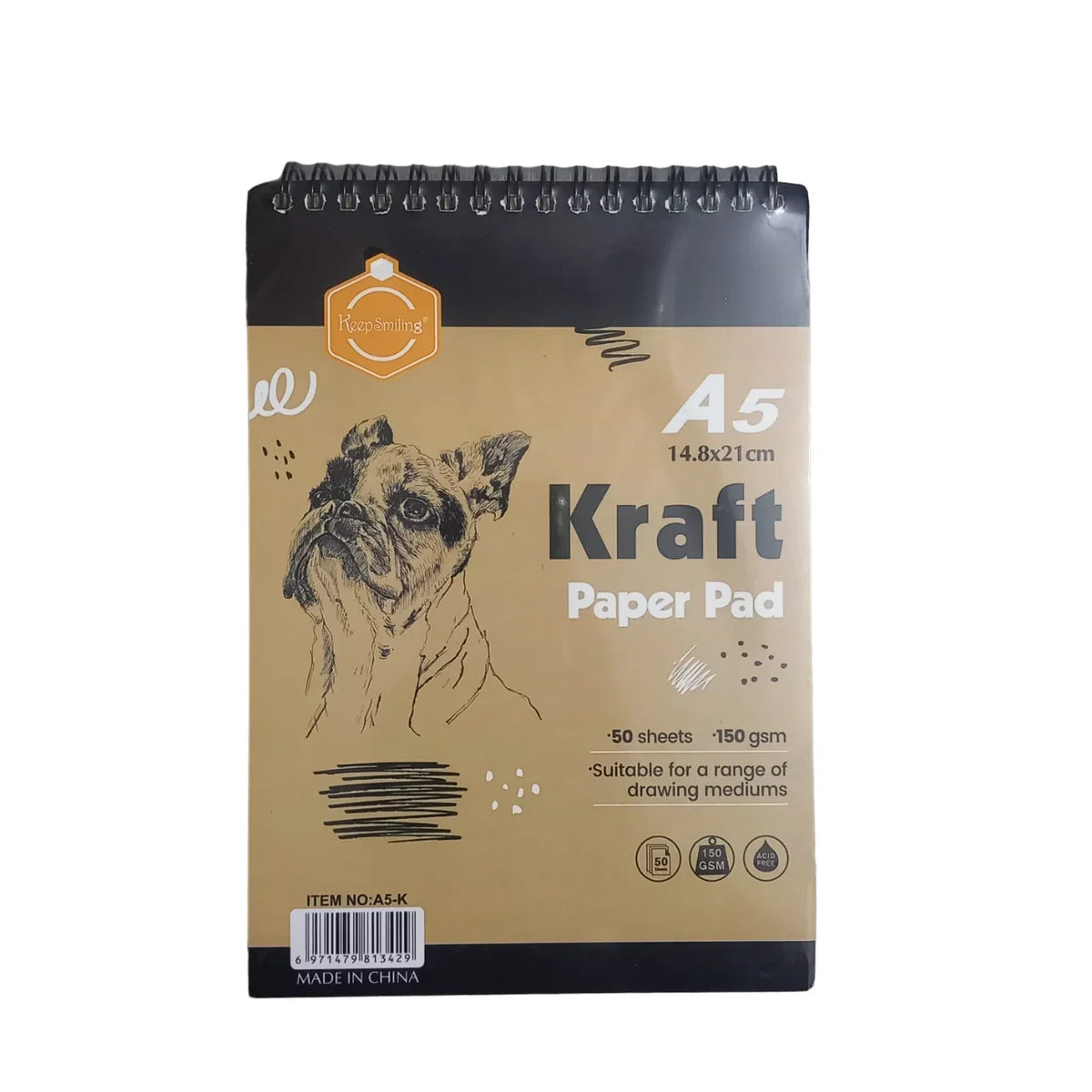 Keep Smiling Kraft paper pad sketchbook, A5 size, 50 sheets, perfect for sketching, drawing, and crafts