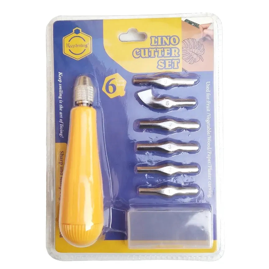 Keep Smiling lino cutter set with 6 interchangeable carving heads for linocut and block printing