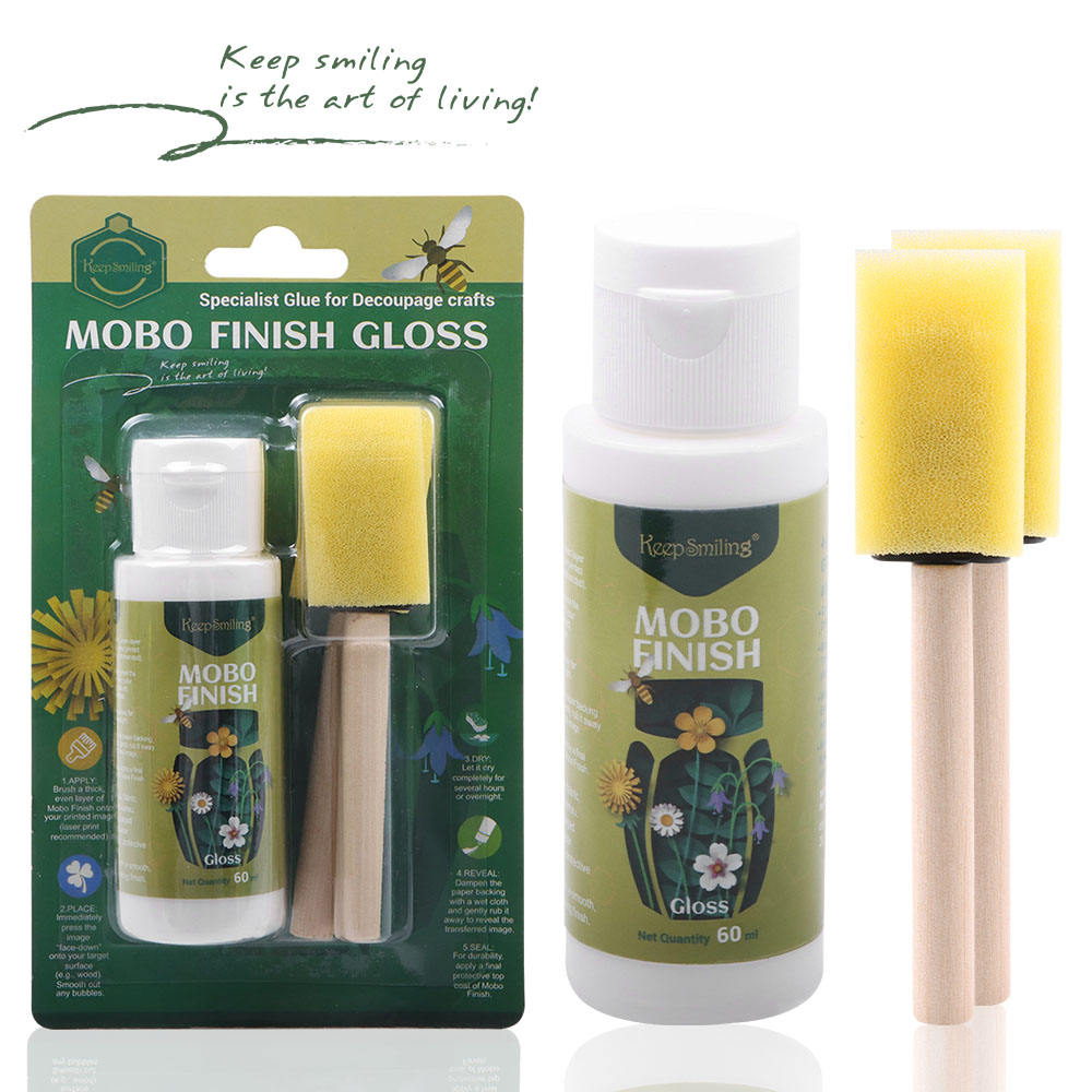 Keep Smiling MOBO Finish Gloss 60ml with foam sponge brush for decoupage crafts and glossy protective coating.