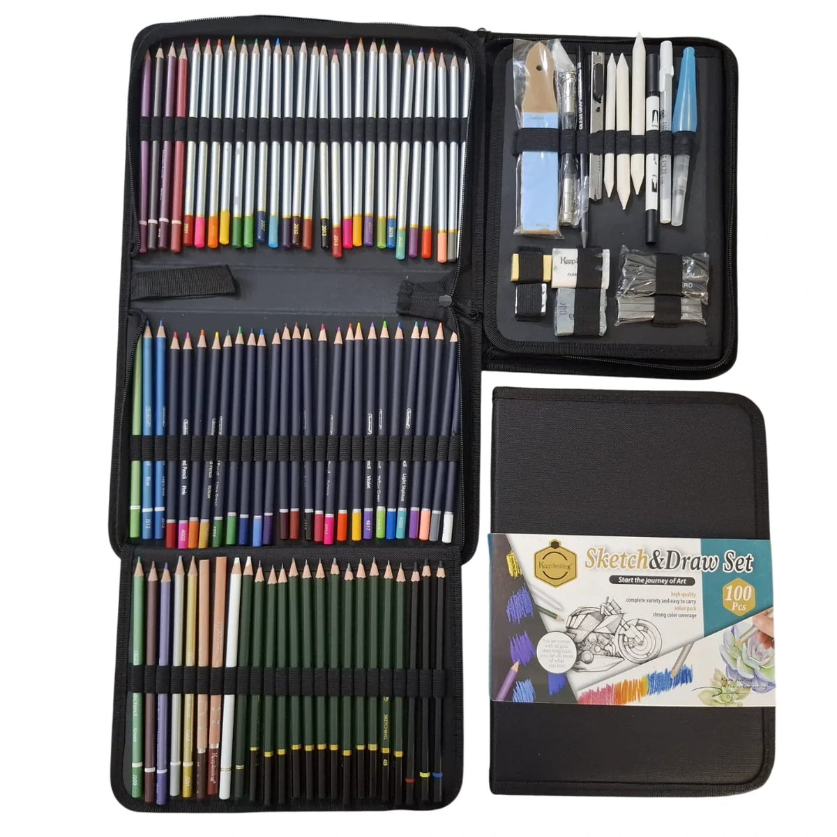 Keep Smiling 100pcs professional sketch and drawing pencils set with fabric pouch and art accessories