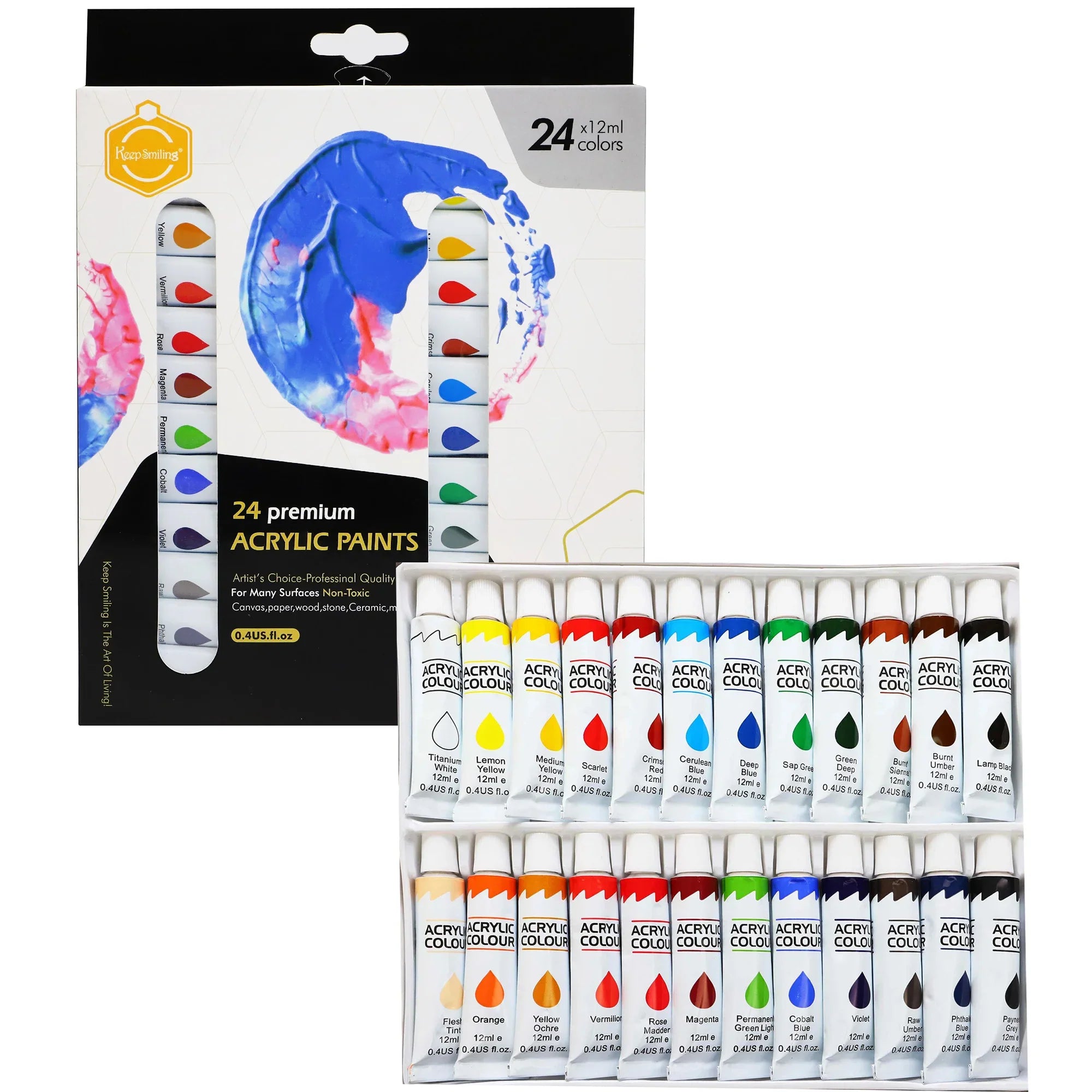 Keep Smiling acrylic paint set, 24 tubes of 12ml, vibrant colors for painting, crafts, and artistic projects