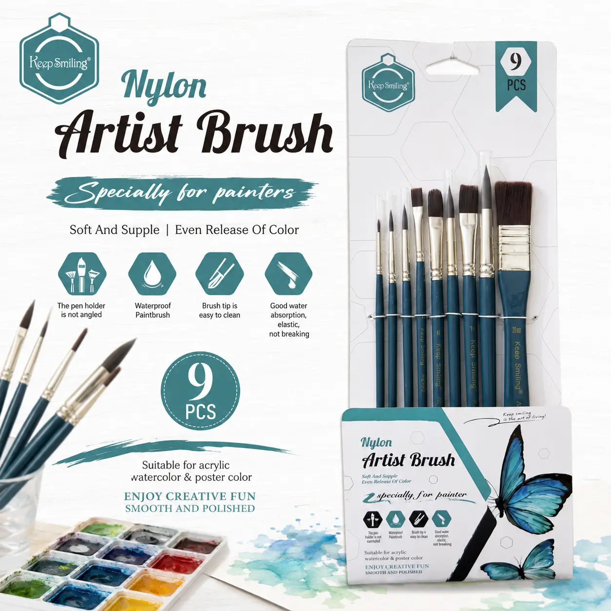 Keep Smiling 9-piece multi shape nylon professional paint brush set for watercolor acrylic and oil painting