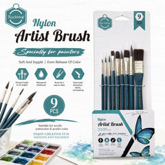 Keep Smiling 9-piece multi shape nylon professional paint brush set for watercolor acrylic and oil painting