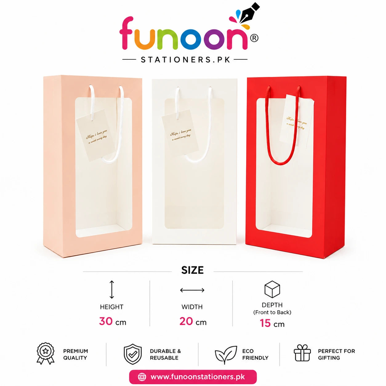Luxury paper gift bag with transparent window and rope handles for flowers, chocolates, gift hampers, and retail packaging.