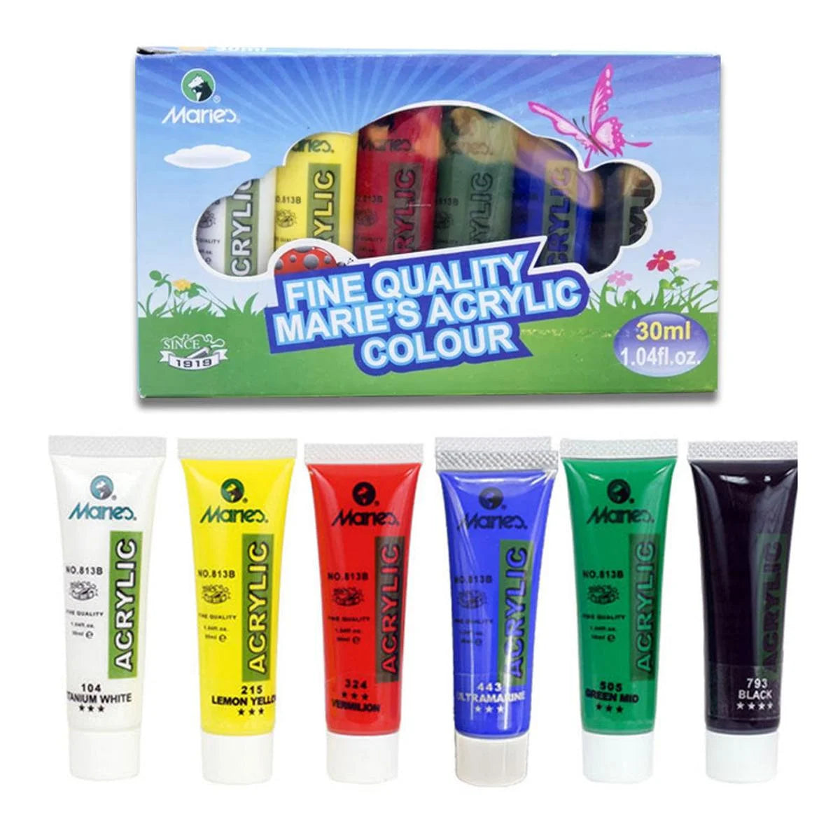 Marie’s acrylic paint set, 6 tubes of 30ml, vibrant colors for painting, crafts, and artistic projects