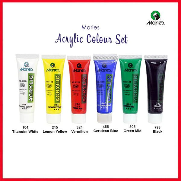 Pack of 6 x 75 ml tubes of Marie's acrylic paints in basic colors for painting and art projects