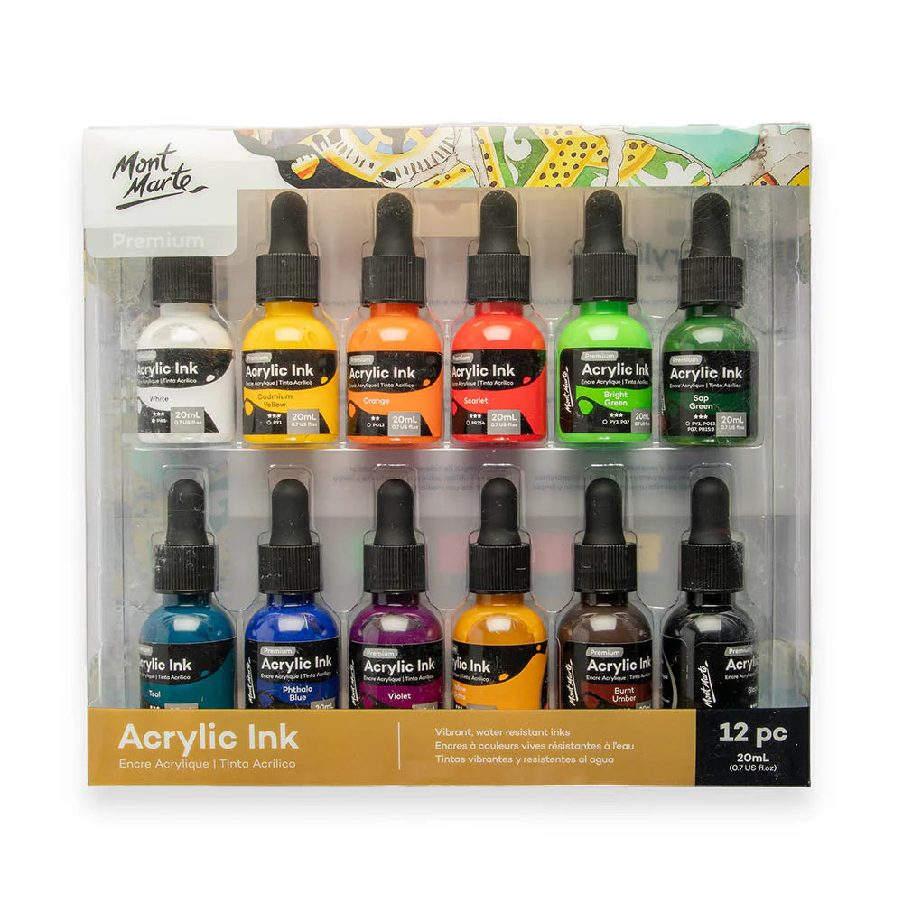 Mont Marte premium acrylic ink set 12pcs 20ml bottles for fluid art and mixed media painting