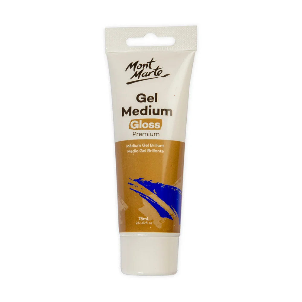 Mont Marte Gel Medium Gloss Premium 75ml, used in acrylic painting to add glossy finish, texture, and enhance paint consistency.