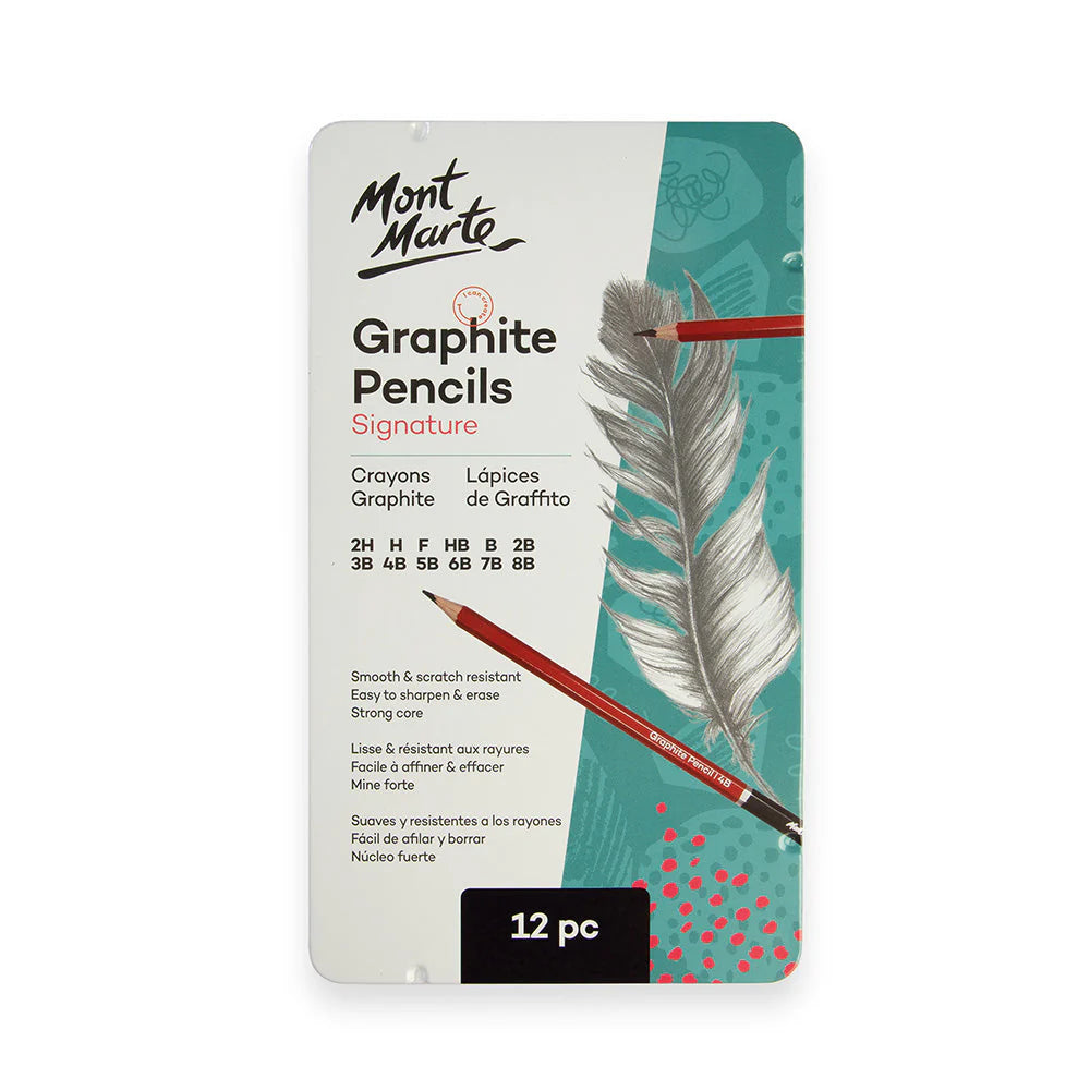 Mont Marte 12pc graphite pencils set in metal tin for sketching, shading, and drawing