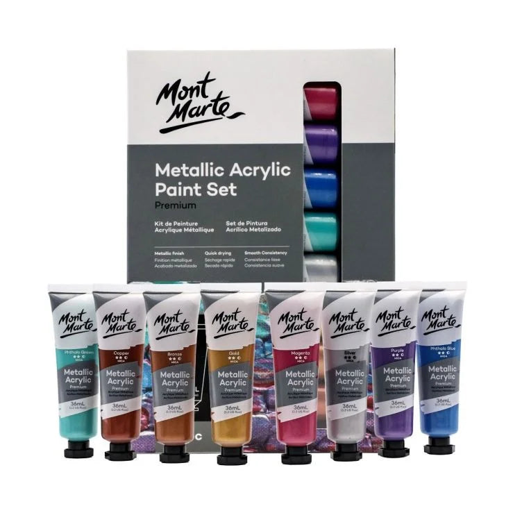 Mont Marte metallic acrylic paint set, 8 tubes of 18ml, shimmering colors for painting, crafts, and DIY artistic projects