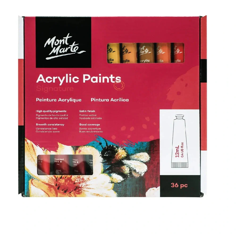 Mont Marte Signature acrylic paint set, 36 tubes of 12ml, bright colors for painting, crafts, and artistic projects
