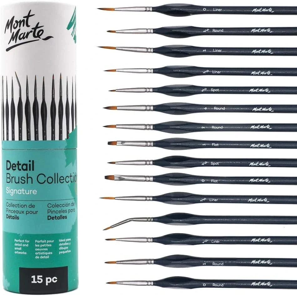 Mont Marte 15-piece detail brush set for fine art, acrylic, watercolor, and oil painting