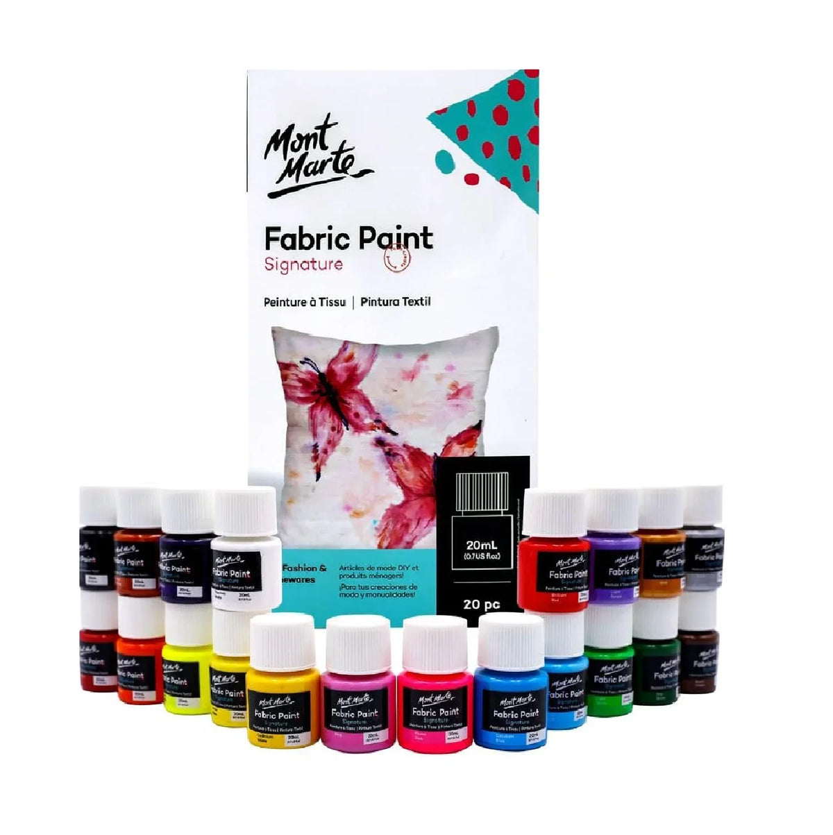 Mont Marte Signature fabric paint set, 20 tubes of 20ml, vibrant colors for fabric, clothing, and DIY craft projects