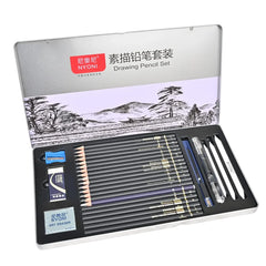 NYONI 29pcs sketching pencils drawing set with graphite charcoal pencils blending stumps and metal box