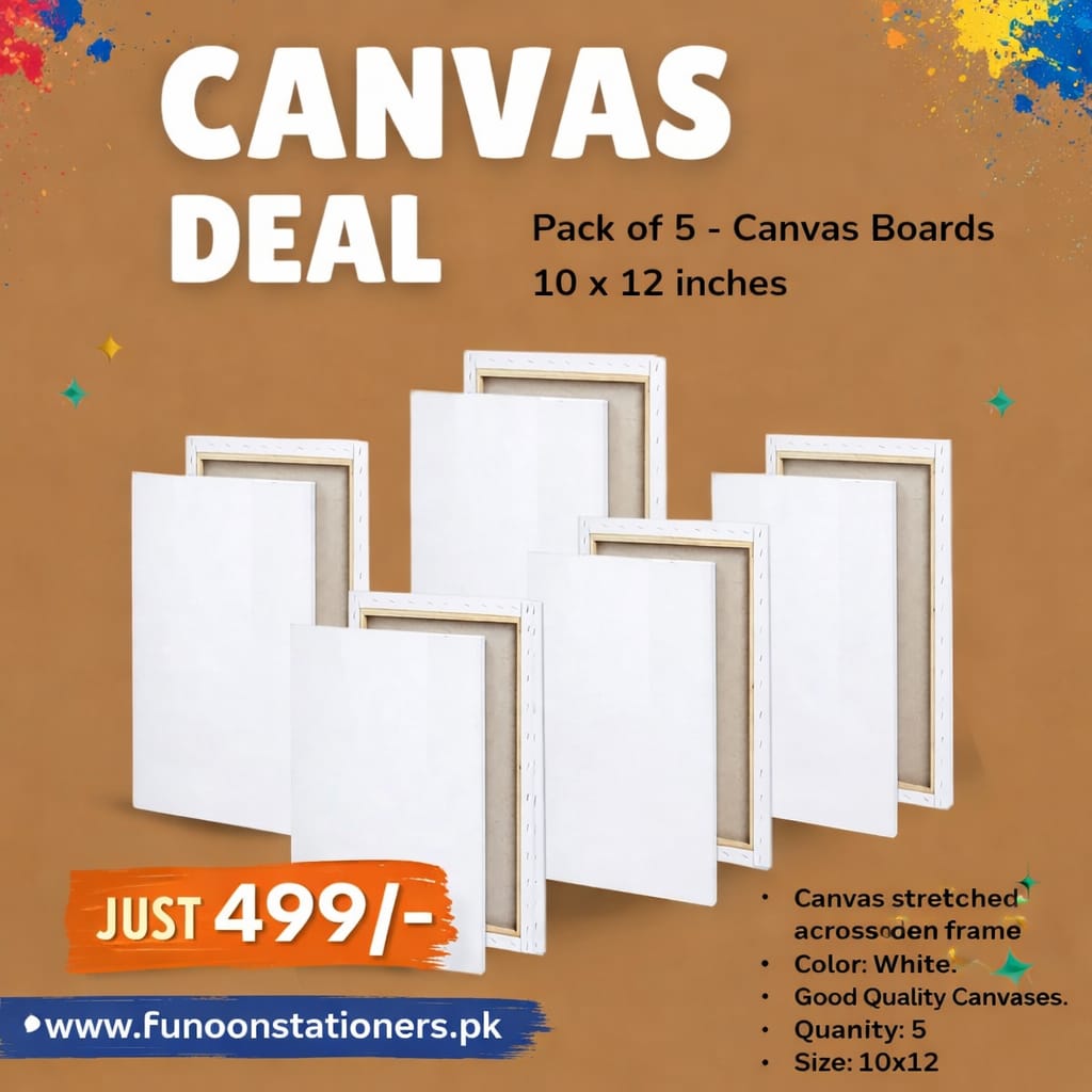 Pack of 5 canvas board 10x12 inches for acrylic and oil painting by Funoon Stationers Pakistan