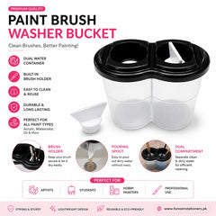 Paint brush washer bucket with dual water compartments and built-in brush holder for cleaning acrylic, watercolor, gouache, and oil painting brushes on a white background.