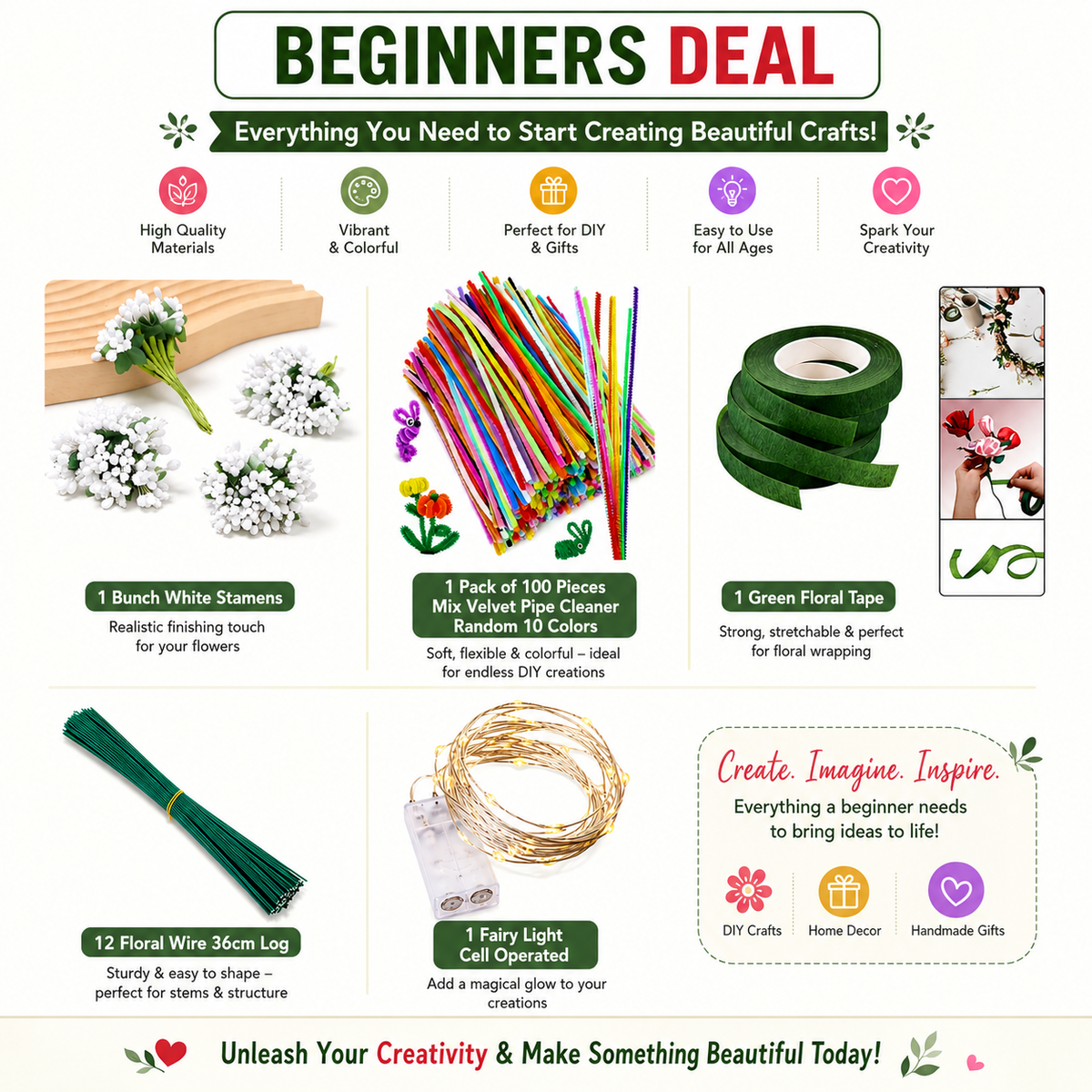Pipe cleaner beginners craft kit with colorful pipe cleaners, floral tape, wire, glue sticks, and flower stamens