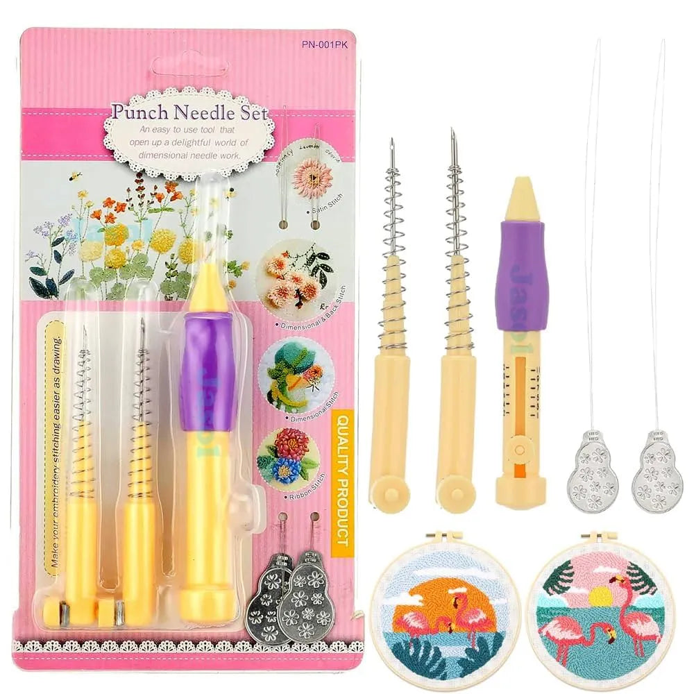 10-piece punch needle embroidery kit featuring 9 colorful embroidery floss skeins, adjustable punch needle tool, threaders, and accessories.