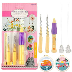 10-piece punch needle embroidery kit featuring 9 colorful embroidery floss skeins, adjustable punch needle tool, threaders, and accessories.