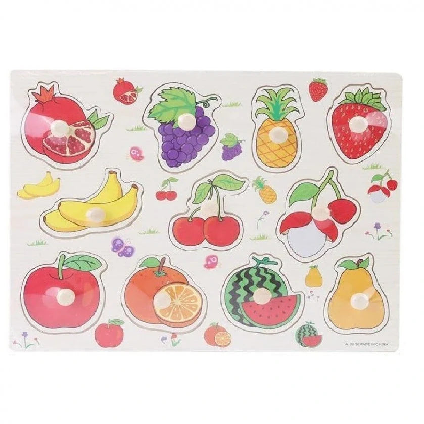 Fruit wooden cognitive knob puzzle educational learning toy with hand grip for kids