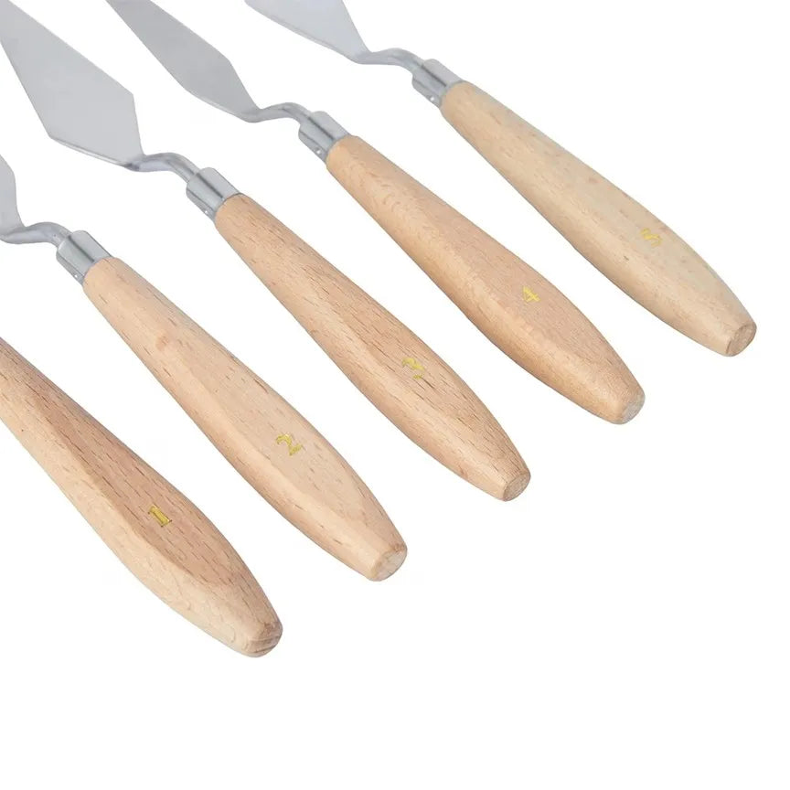 Vneeds 5-piece flexible stainless steel palette knife set with assorted blade shapes for acrylic painting, oil painting, texture art, and sculpting on a white background.