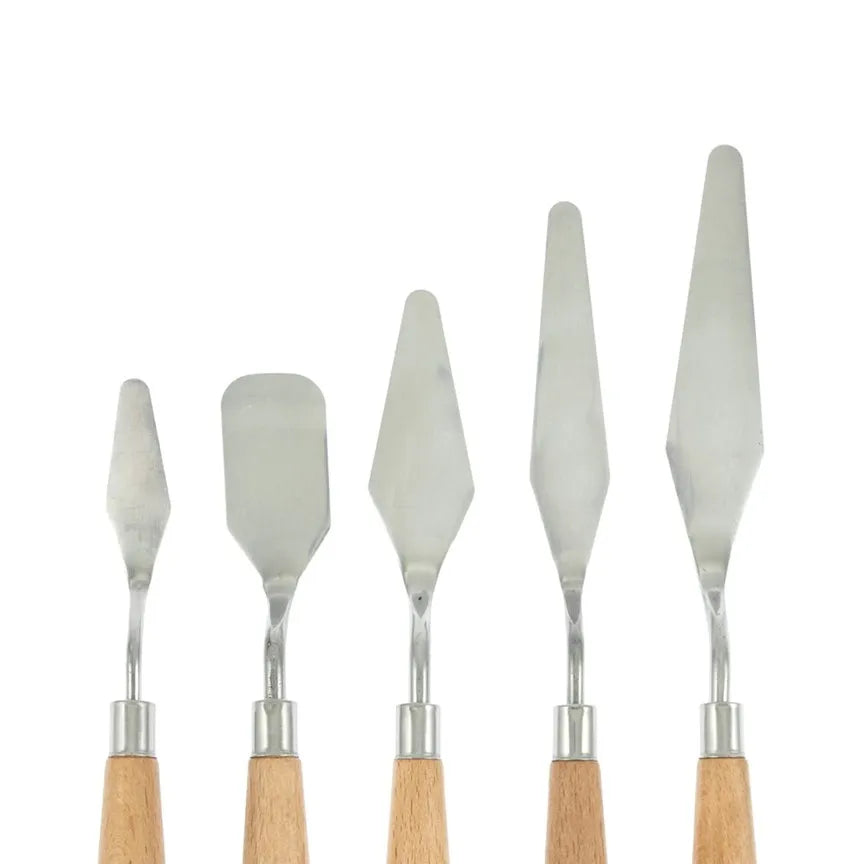 Vneeds 5-piece flexible stainless steel palette knife set with assorted blade shapes for acrylic painting, oil painting, texture art, and sculpting on a white background.